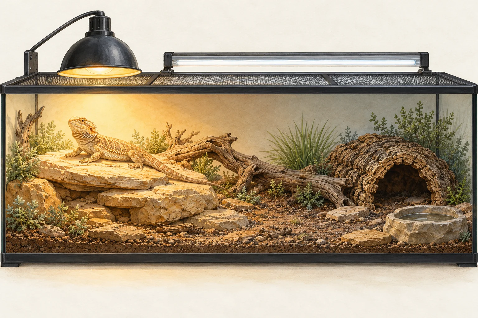 Illustrated bearded dragon enclosure with lighting over the warm end and a shaded cool retreat