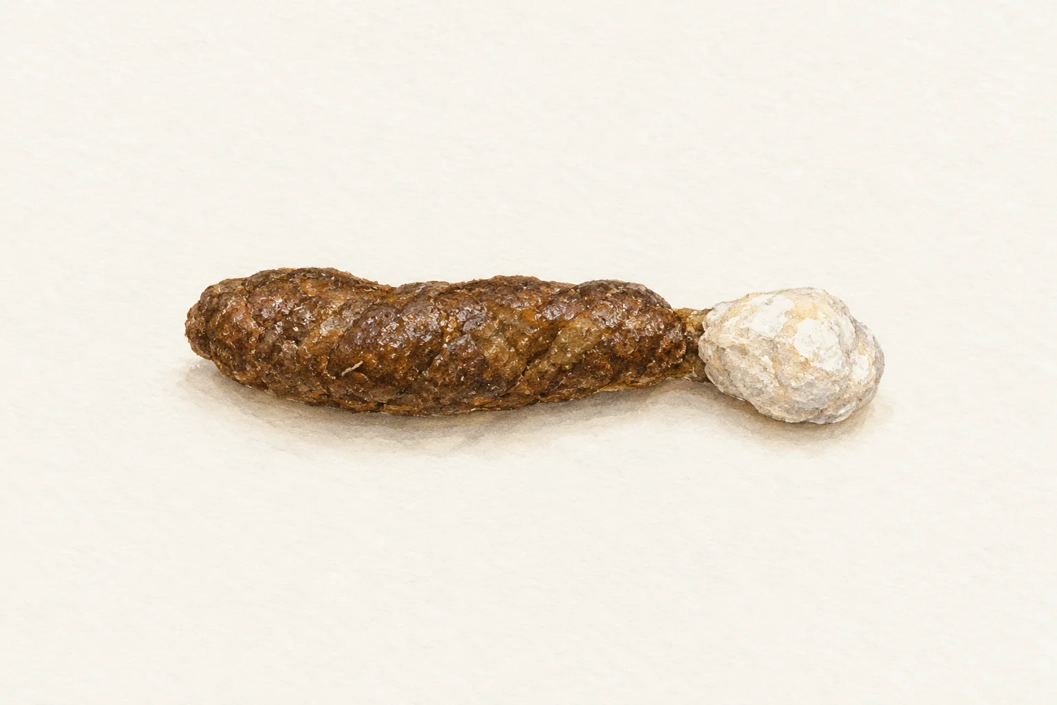 Educational illustration of a brown fecal portion with a smaller white urate portion at the right