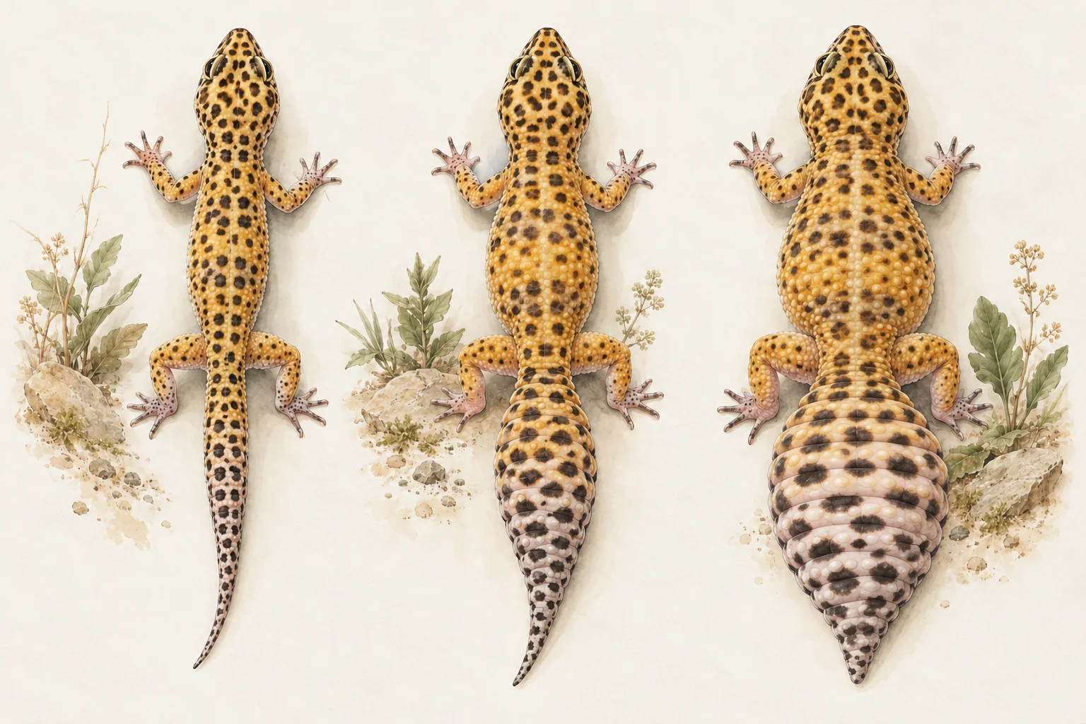Illustrated top views of thin, moderate and heavy leopard gecko body shapes